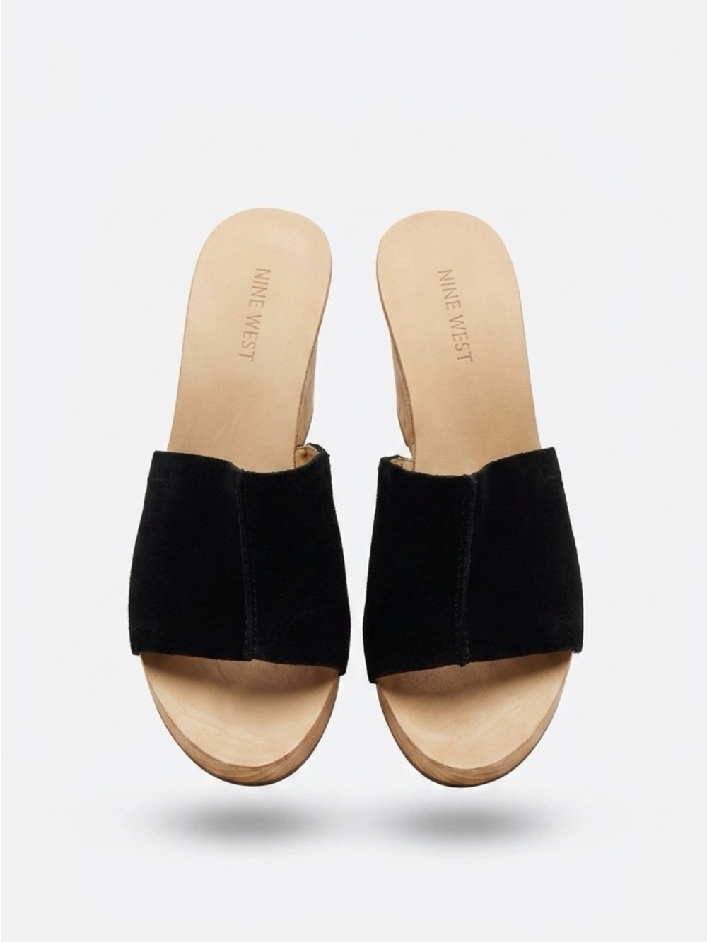 Nine West Black Suede Slide Mules with Wood-Look Platform
